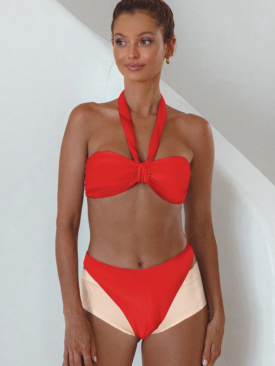 

FIMBUL Halter Neck Sleeveless Swim Bikini Set, Red