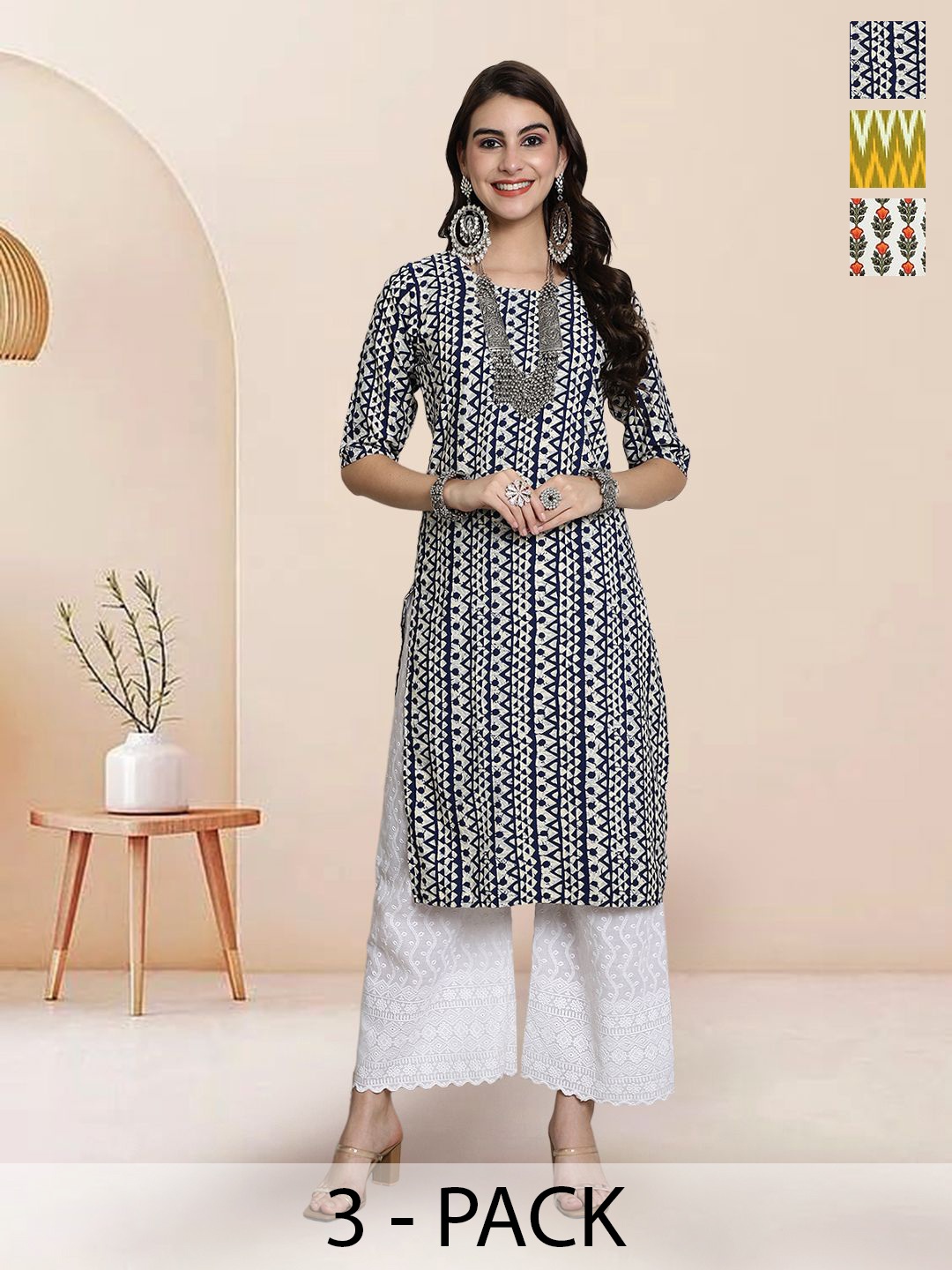 

7Threads Selection Of 3 Geometric Printed Round Neck Straight Kurtas, Navy blue