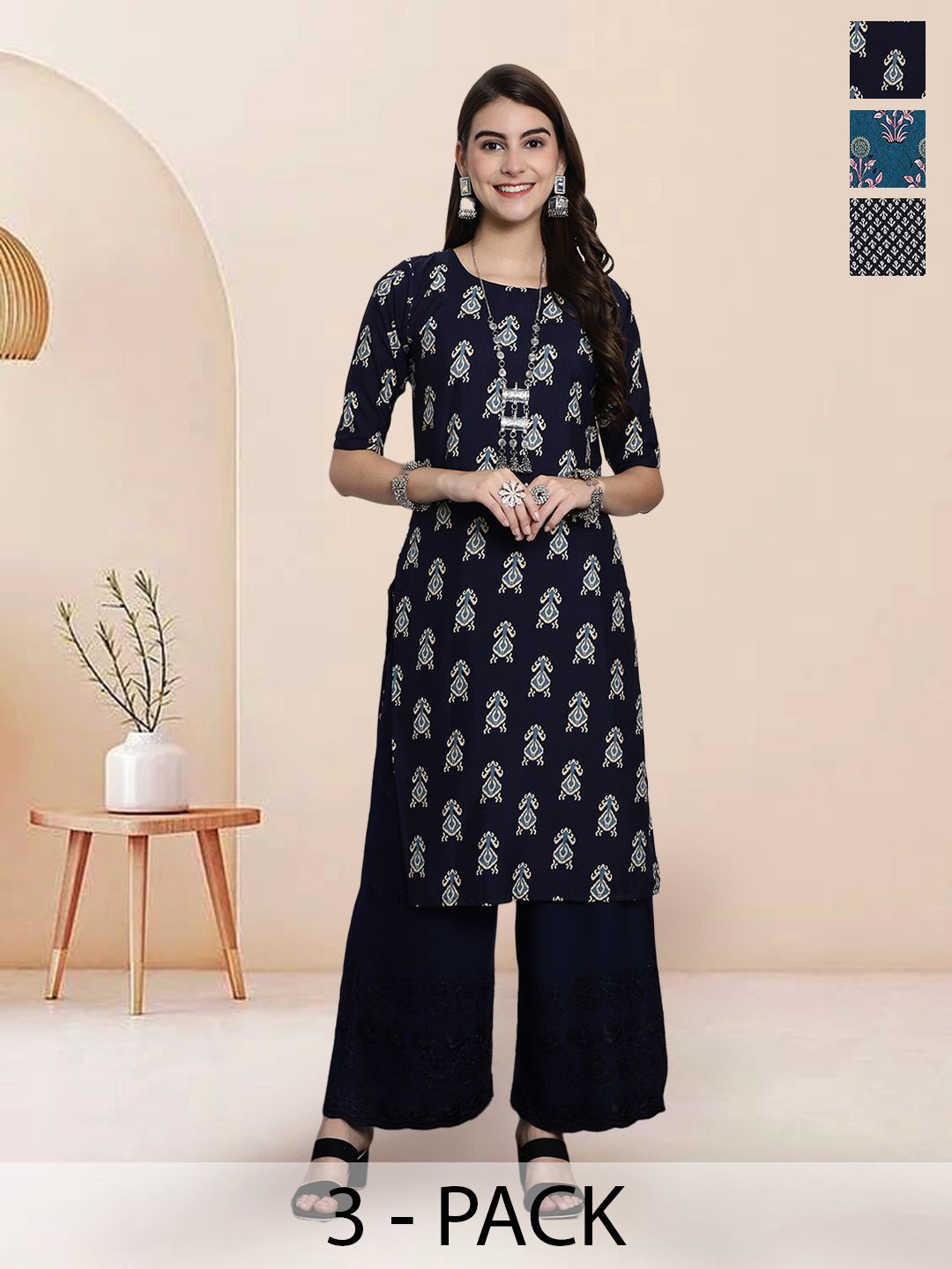 

7Threads Selection Of 3 Ethnic Motifs Printed Round Neck Straight Kurtas, Navy blue
