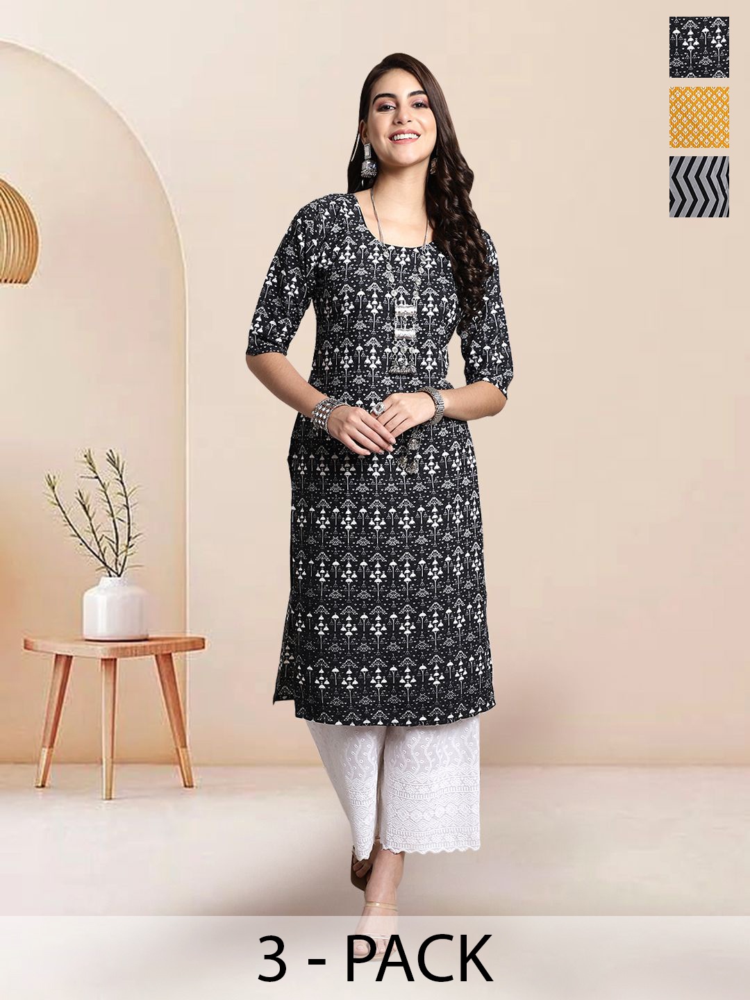 

7Threads Selection Of 3 Ethnic Motifs Printed Round Neck Straight Kurtas, Black