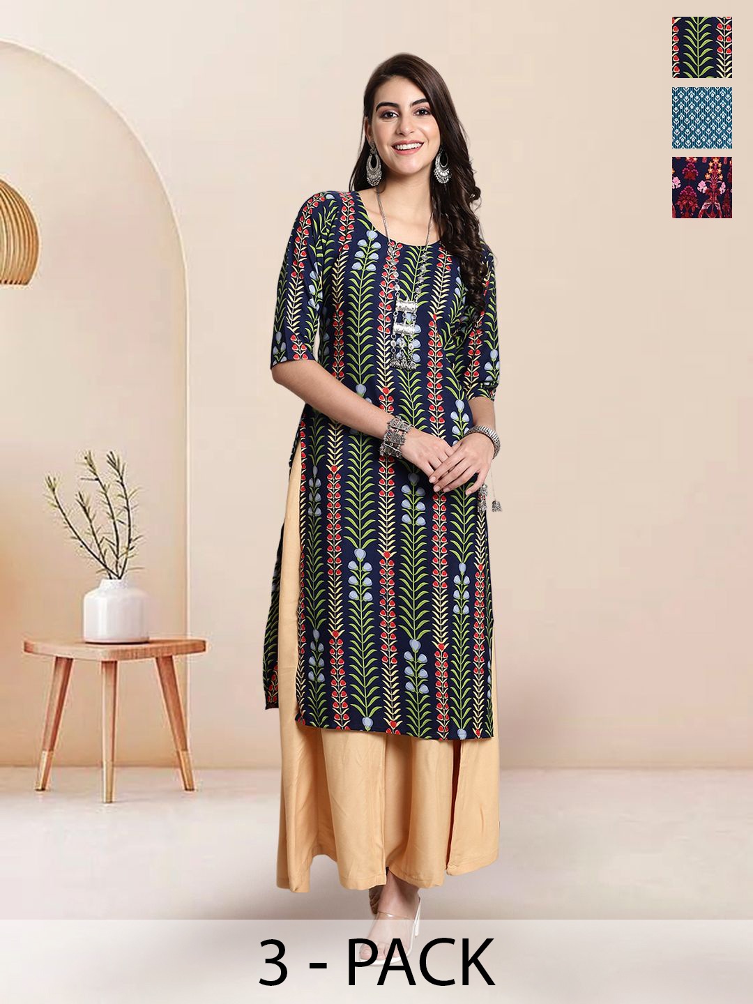 

7Threads Selection Of 3 Floral Printed Round Neck Straight Kurtas, Navy blue