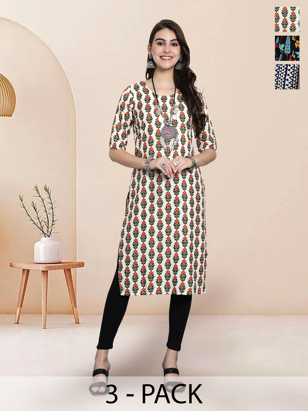 

7Threads Selection Of 3 Floral Printed Round Neck Straight Kurtas, Beige