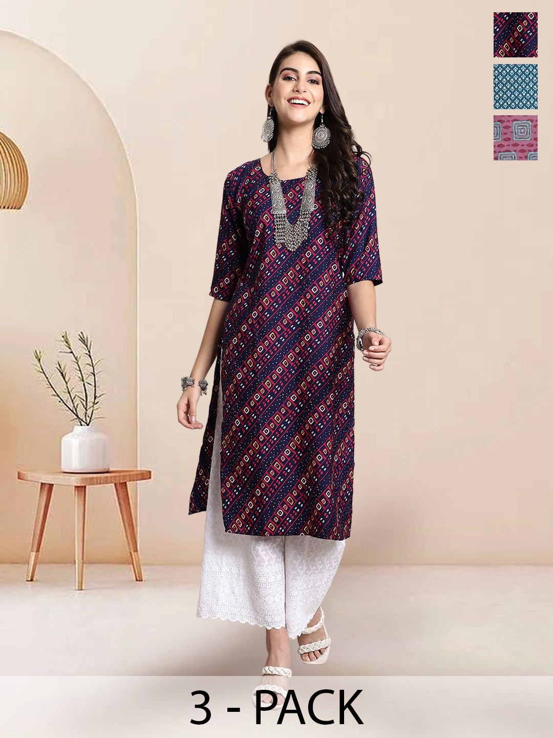 

7Threads Selection Of 3 Geometric Printed Straight Kurtas, Navy blue