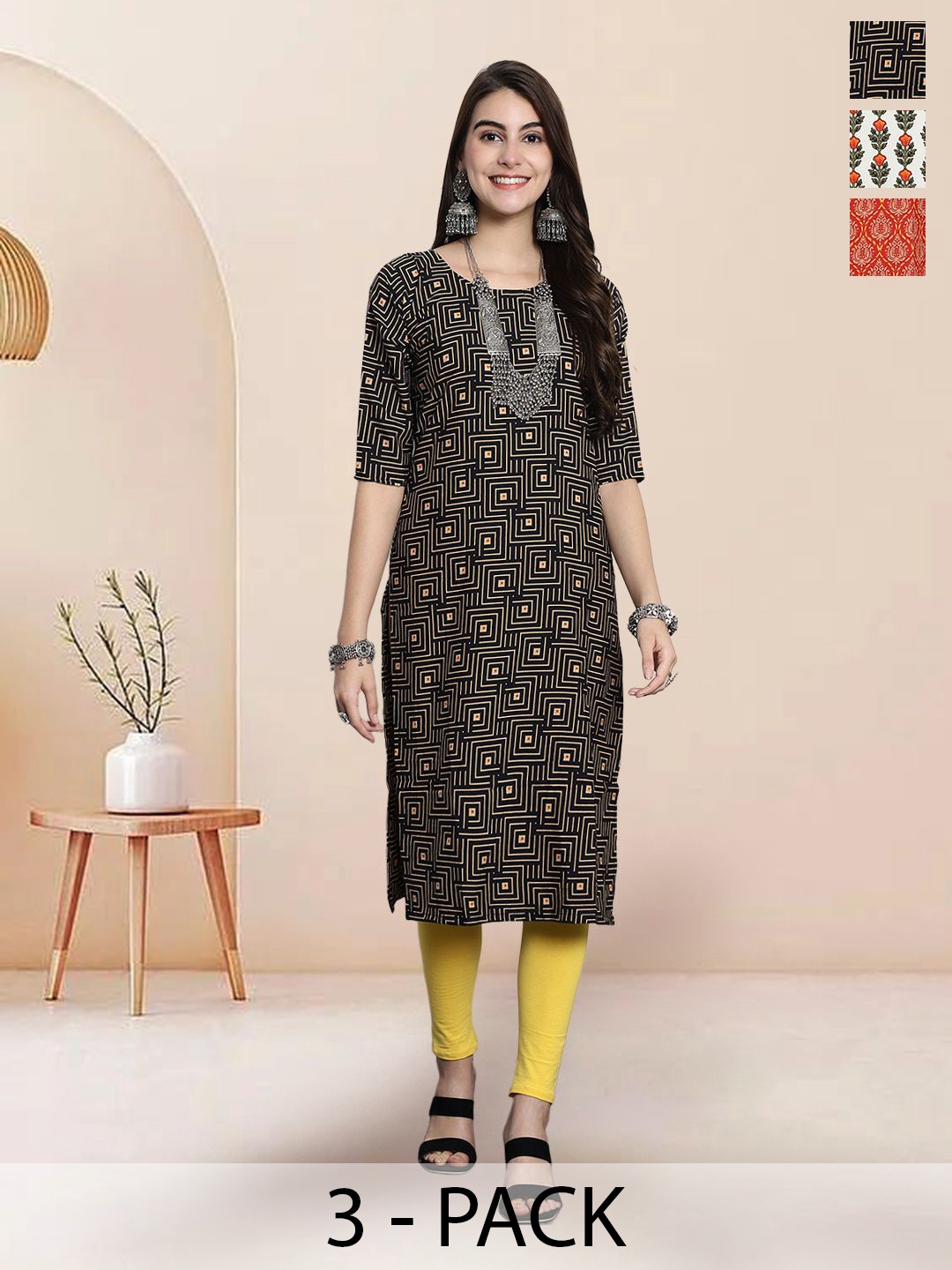 

7Threads Selection Of 3 Geometric Printed Straight Kurtas, Black