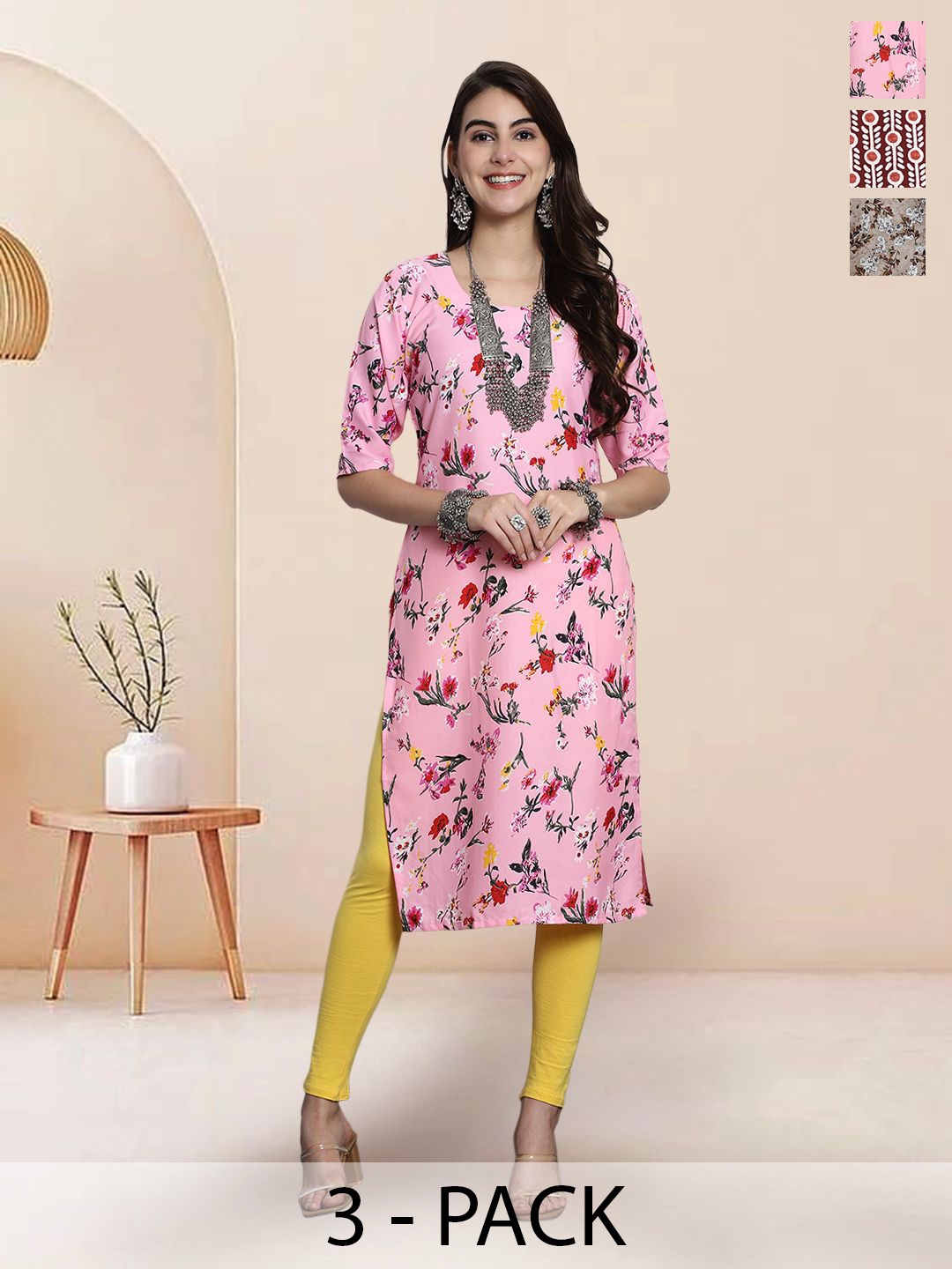 

7Threads Selection Of 3 Floral Printed Round Neck Kurtas, Pink