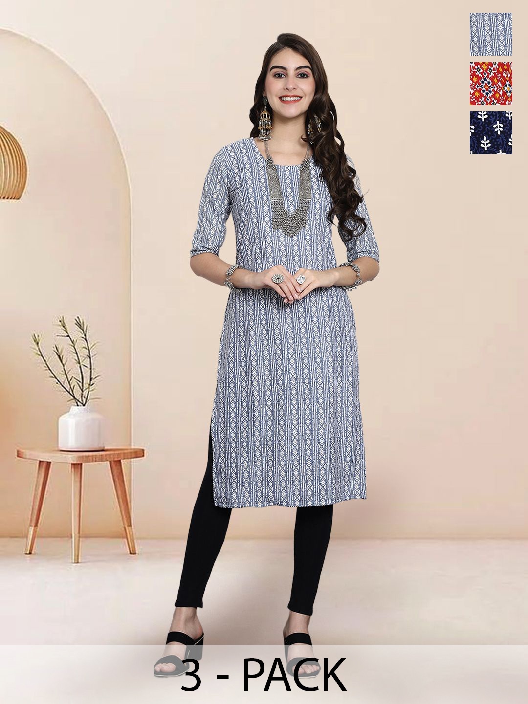 

7Threads Selection Of 3 Geometric Printed Round Neck Straight Kurtas, Grey