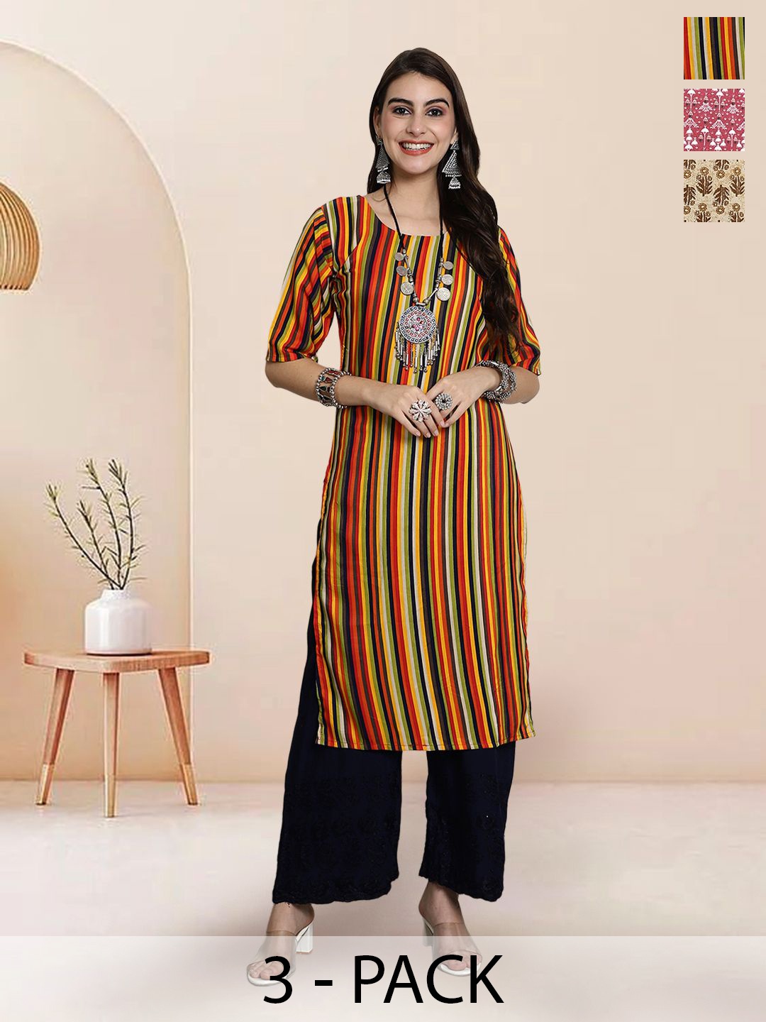 

7Threads Selection Of 3 Striped Round Neck Straight Kurtas, Black
