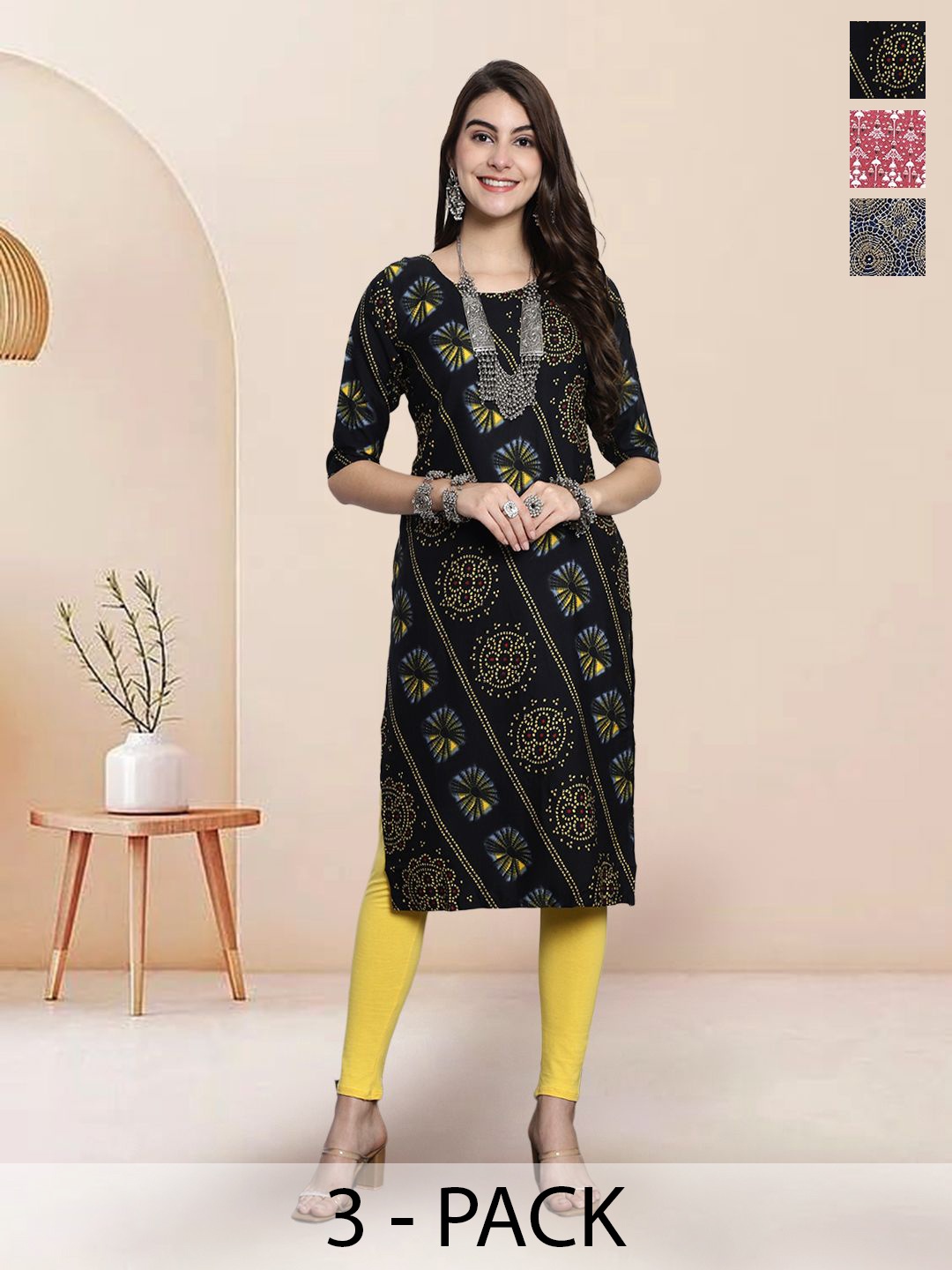 

7Threads Selection of 3 Bandhani Printed Round Neck Straight Kurtas, Black