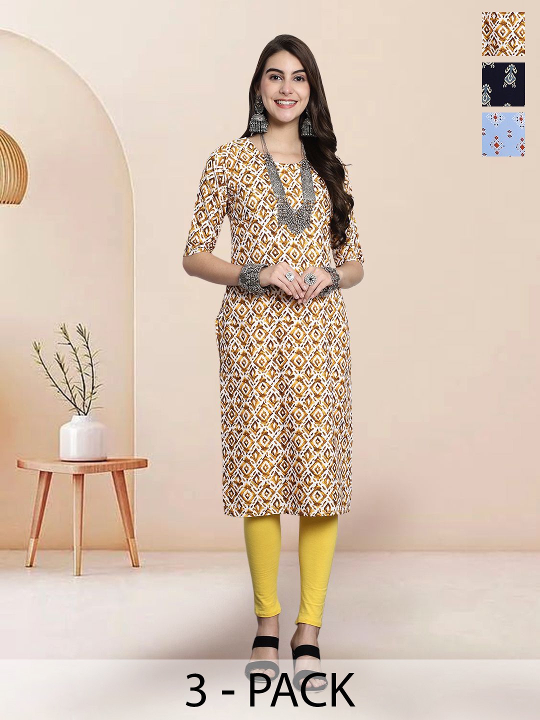 

7Threads Selection Of 3 Ethnic Motifs Printed Round Neck Straight Kurtas, Yellow