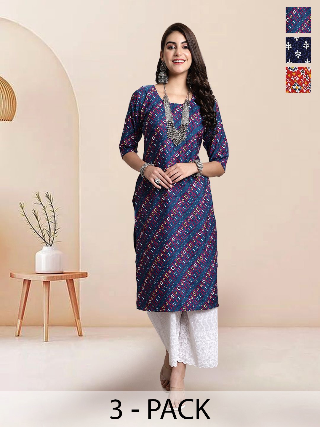 

7Threads Selection of 3 Ethnic Motifs Printed Round Neck Straight Kurtas, Blue