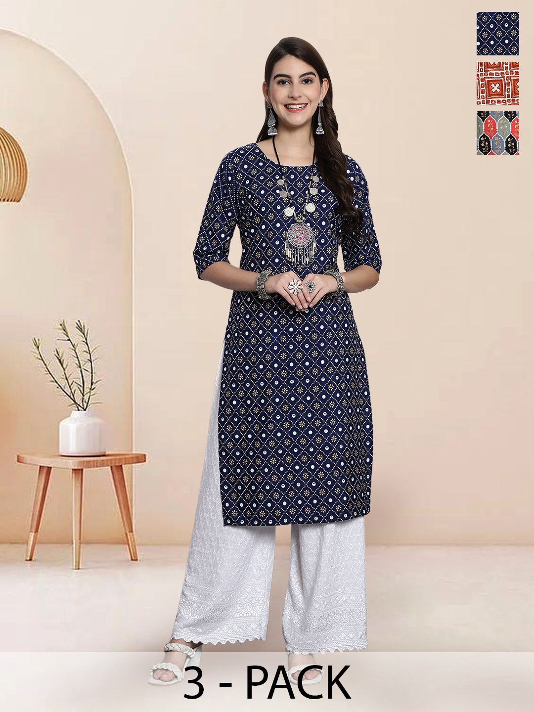 

7Threads Selection Of 3 Ethnic Motifs Printed Round Neck Straight Kurtas, Blue