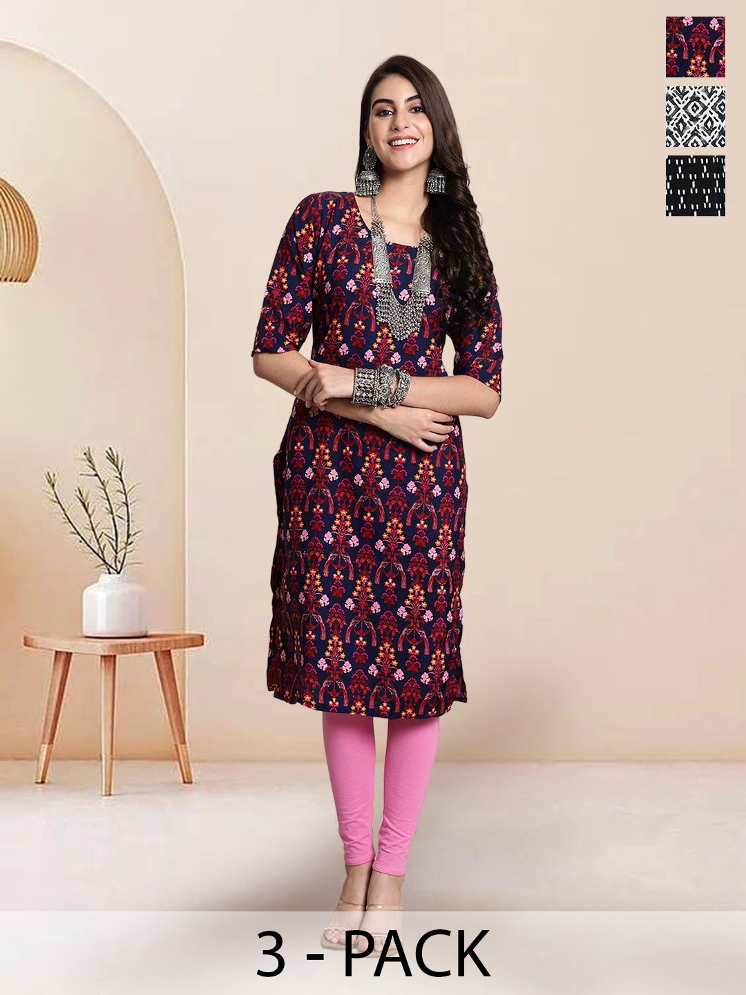 

7Threads Selection Of 3 Ethnic Motifs Printed Round Neck Straight Kurtas, Blue