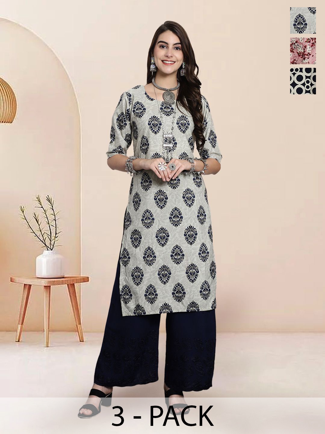

7Threads Selection of 3 Floral Printed Round Neck Straight Kurtas, Grey