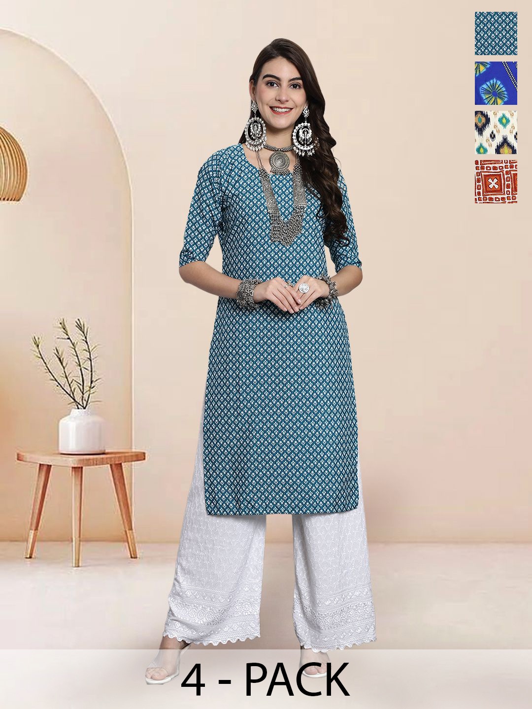 

7Threads Selection Of 4 Ethnic Motifs Printed Straight Kurtas, Teal