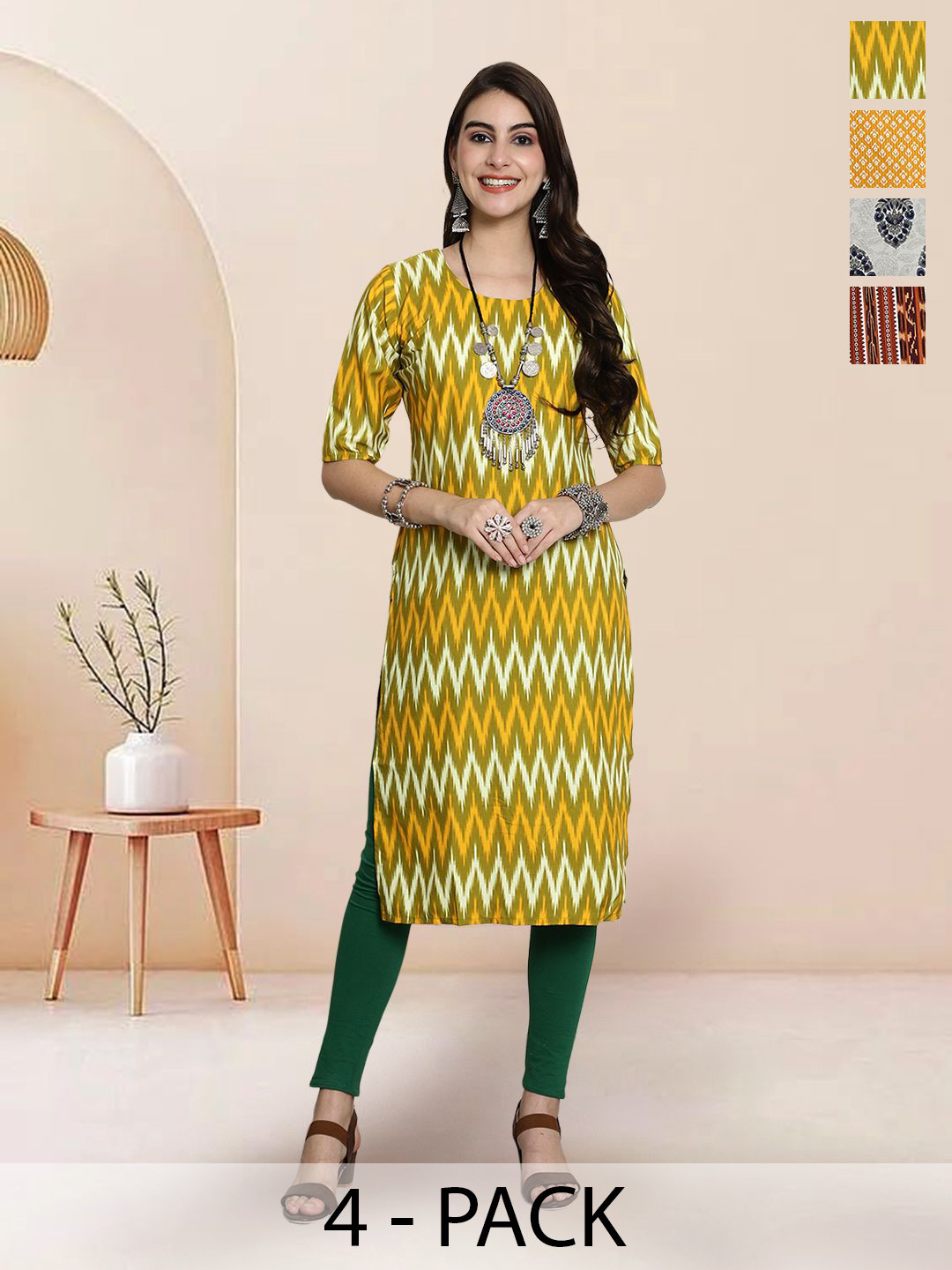 

7Threads Selection Of 4 Chevron Printed Round Neck Straight Kurtas, Yellow