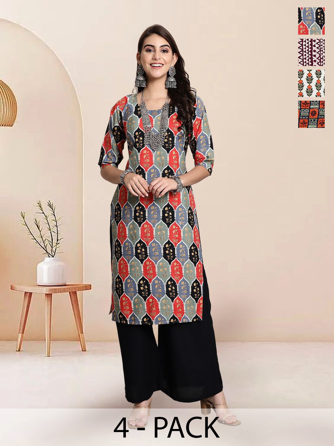 

7Threads Selection of 4 Floral Printed Round Neck Straight Kurtas, Beige