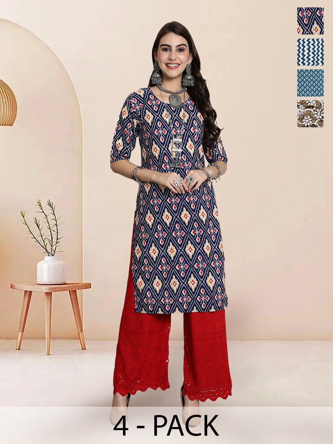 

7Threads Selection Of 4 Ethnic Motifs Printed Round Neck Straight Kurtas, Navy blue