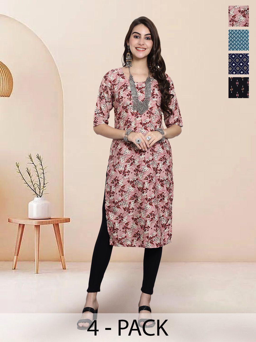 

7Threads Selection of 4 Floral Printed Round Neck Straight Kurtas, Pink