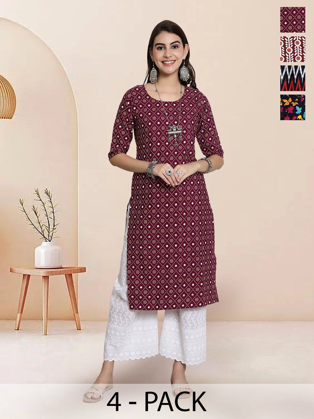 

7Threads Selection Of 4 Floral Printed Round Neck Straight Kurtas, Brown