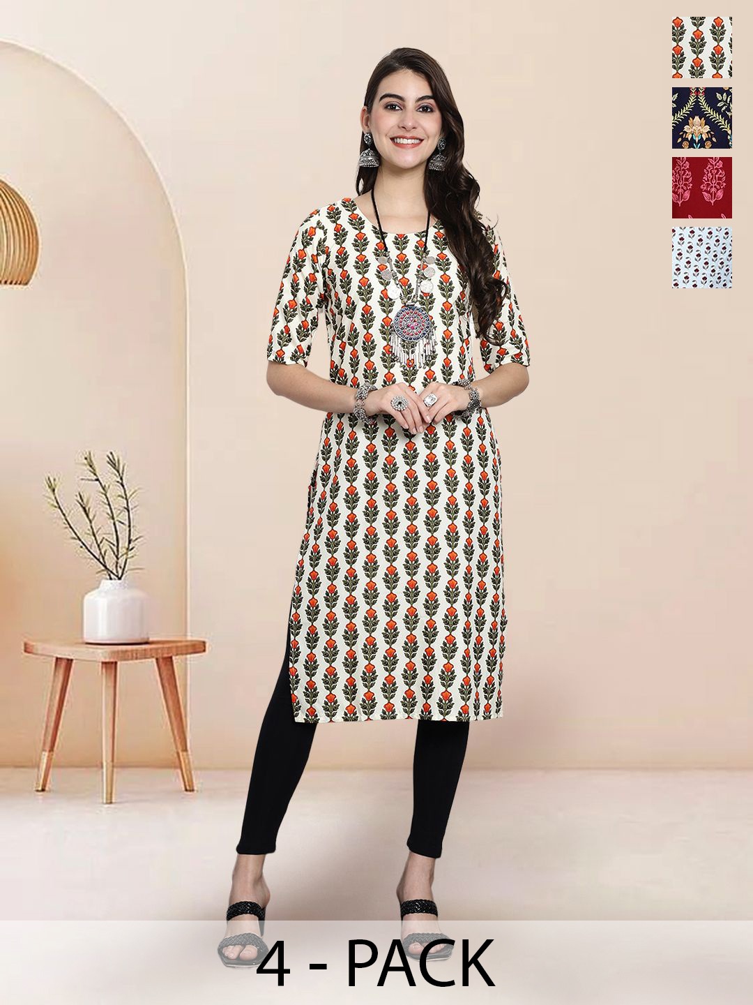 

7Threads Selection Of 4 Ethnic Motifs Printed Round Neck Straight Kurtas, Peach