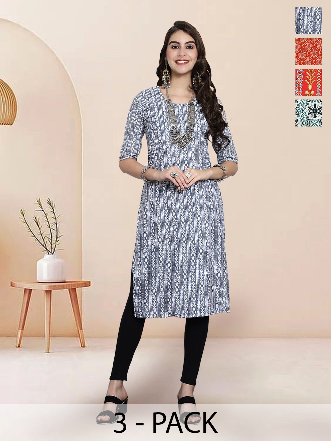 

7Threads Selection Of 4 Geometric Printed Round Neck Straight Kurtas, Blue