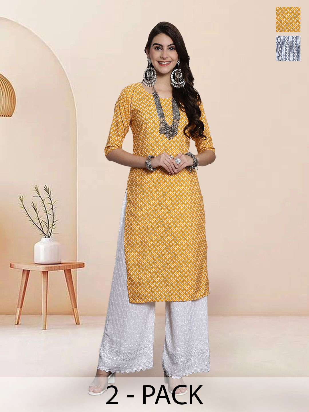

7Threads Selection of 2 Floral Printed Round Neck Straight Kurtas, Yellow