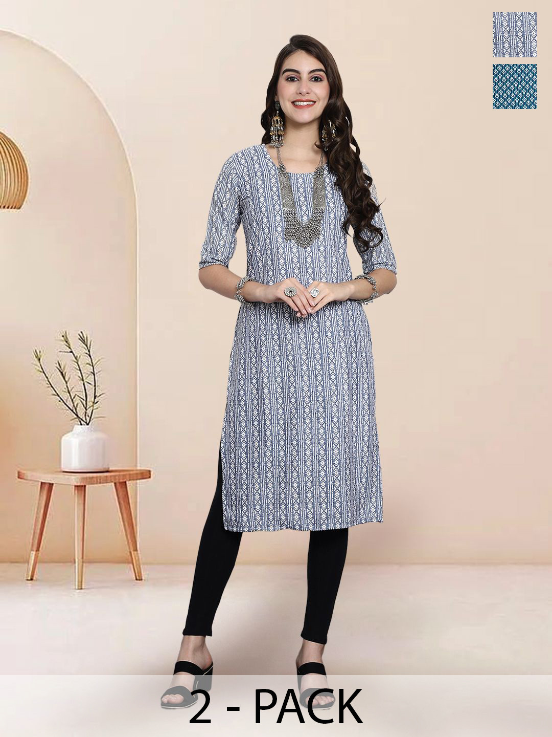 

7Threads Selection Of 2 Geometric Printed Straight Kurtas, White