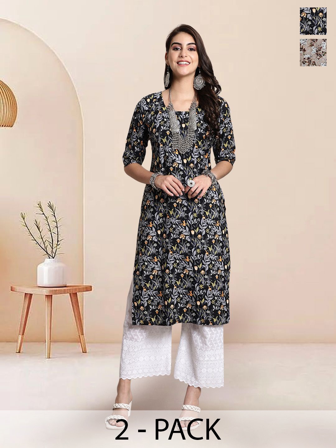 

7Threads Selection Of 2 Floral Printed Round Neck Straight Kurtas, Black
