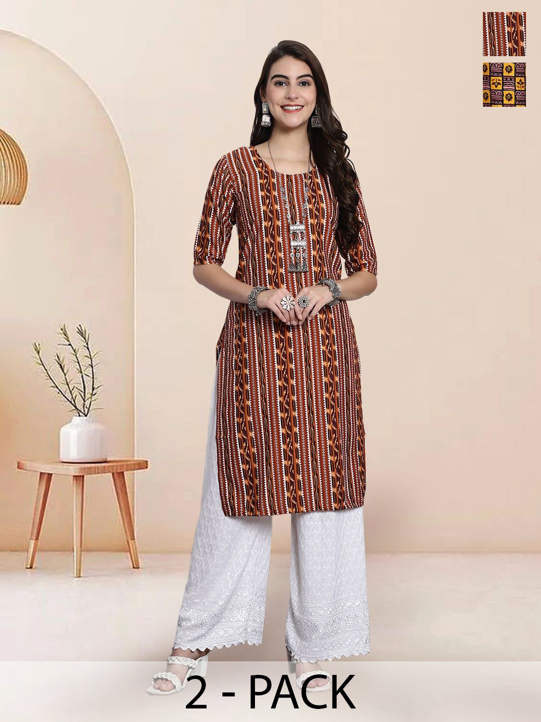 

7Threads Selection Of 2 Geometric Printed Round Neck Kurtas, Brown