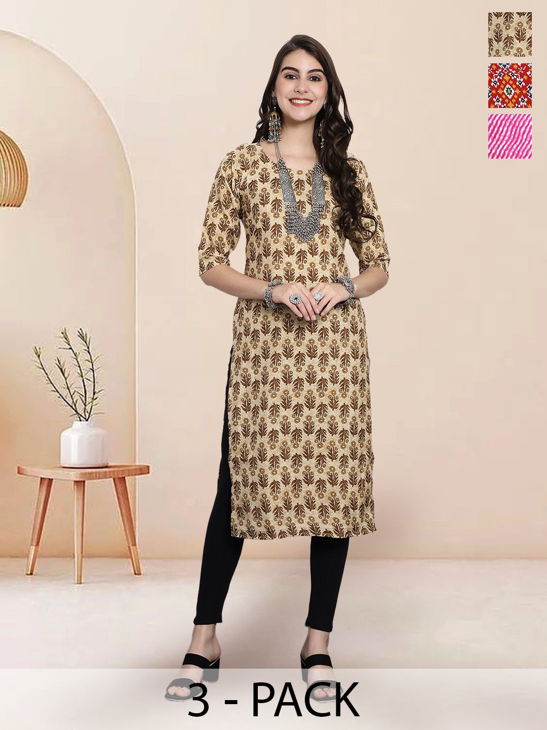 

7Threads Selection of 3 Floral Printed Round Neck Straight Kurtas, Beige