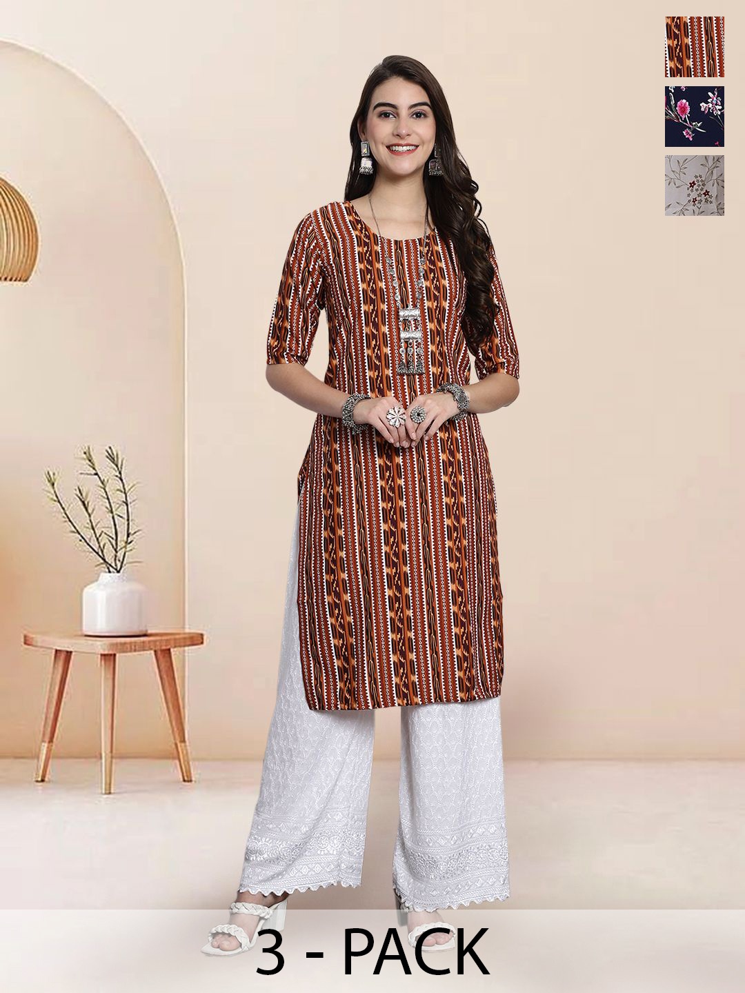 

7Threads Selection Of 3 Ethnic Motifs Printed Round Neck Straight Kurtas, Rust