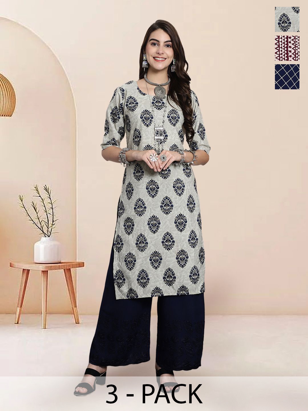 

7Threads Selection Of 3 Floral Printed Round Neck Straight Kurtas, Beige