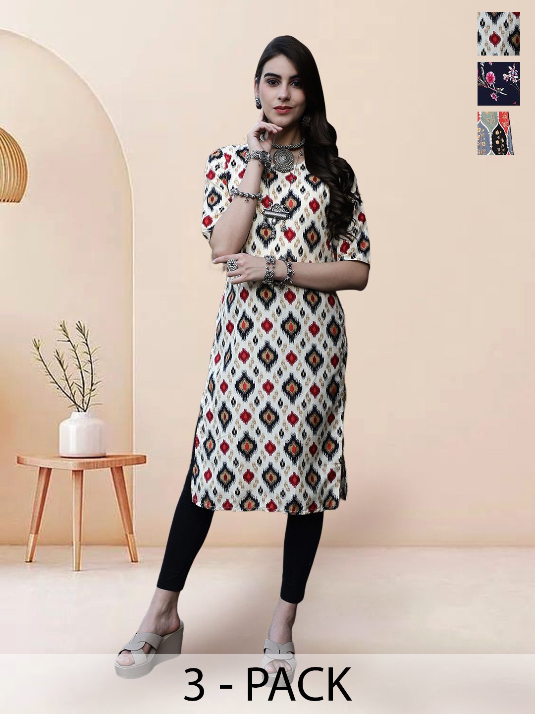 

7Threads Selection Of 3 Ethnic Motifs Printed Round Neck Straight Kurtas, Beige