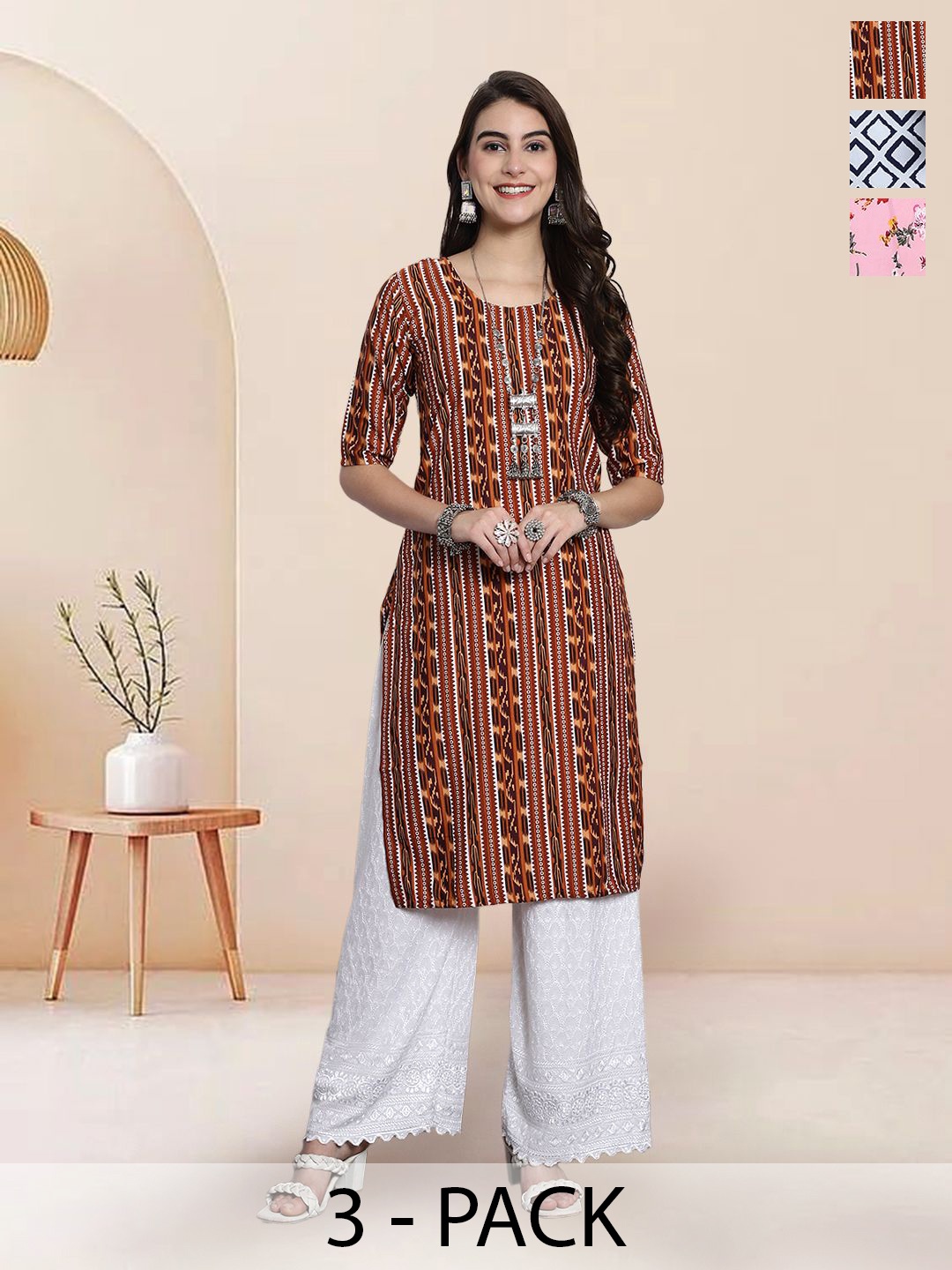 

7Threads Selection Of 3 Ethnic Motifs Printed Round Neck Straight Kurtas, Rust