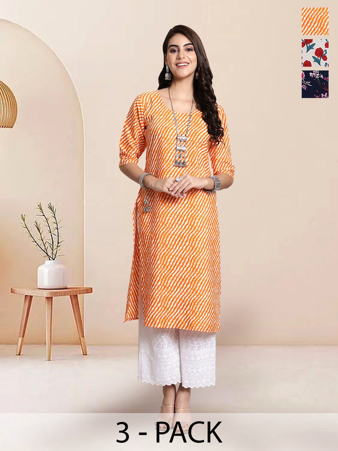 

7Threads Selection Of 3 Leheriya Printed Round Neck Straight Kurtas, Orange