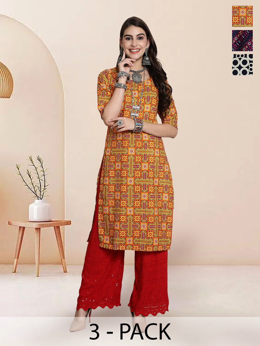 

7Threads Selection Of 3 Ethnic Motifs Printed Round Neck Kurtas, Orange