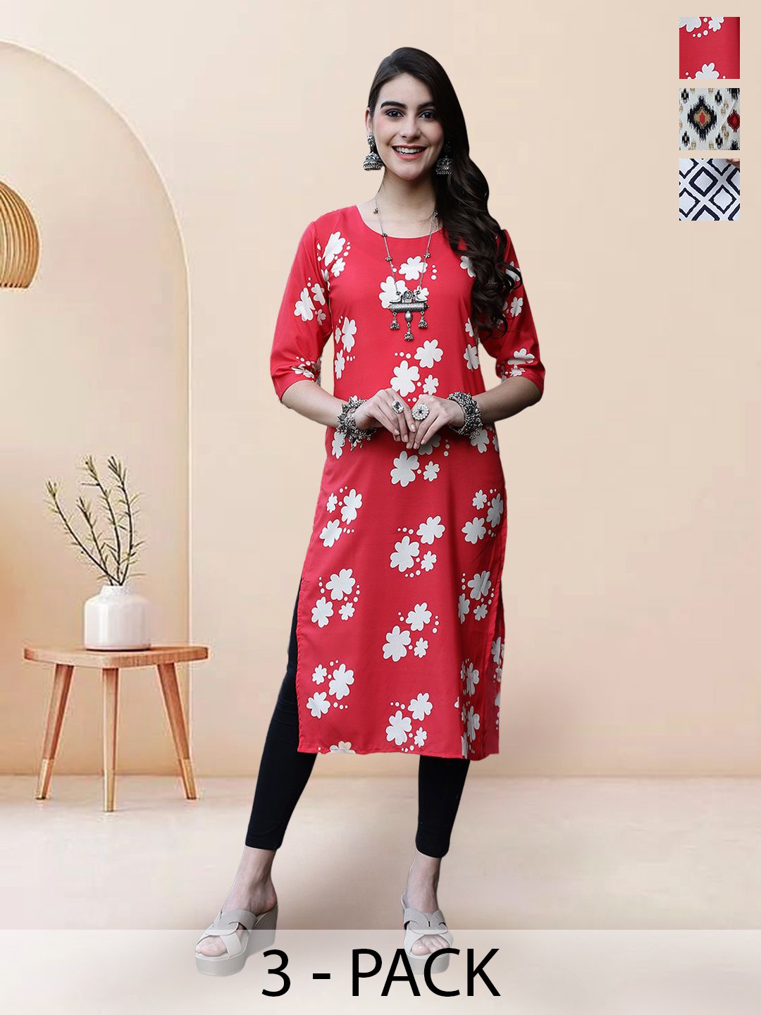 

7Threads Selection Of 3 Floral Printed Round Neck Straight Kurtas, Red