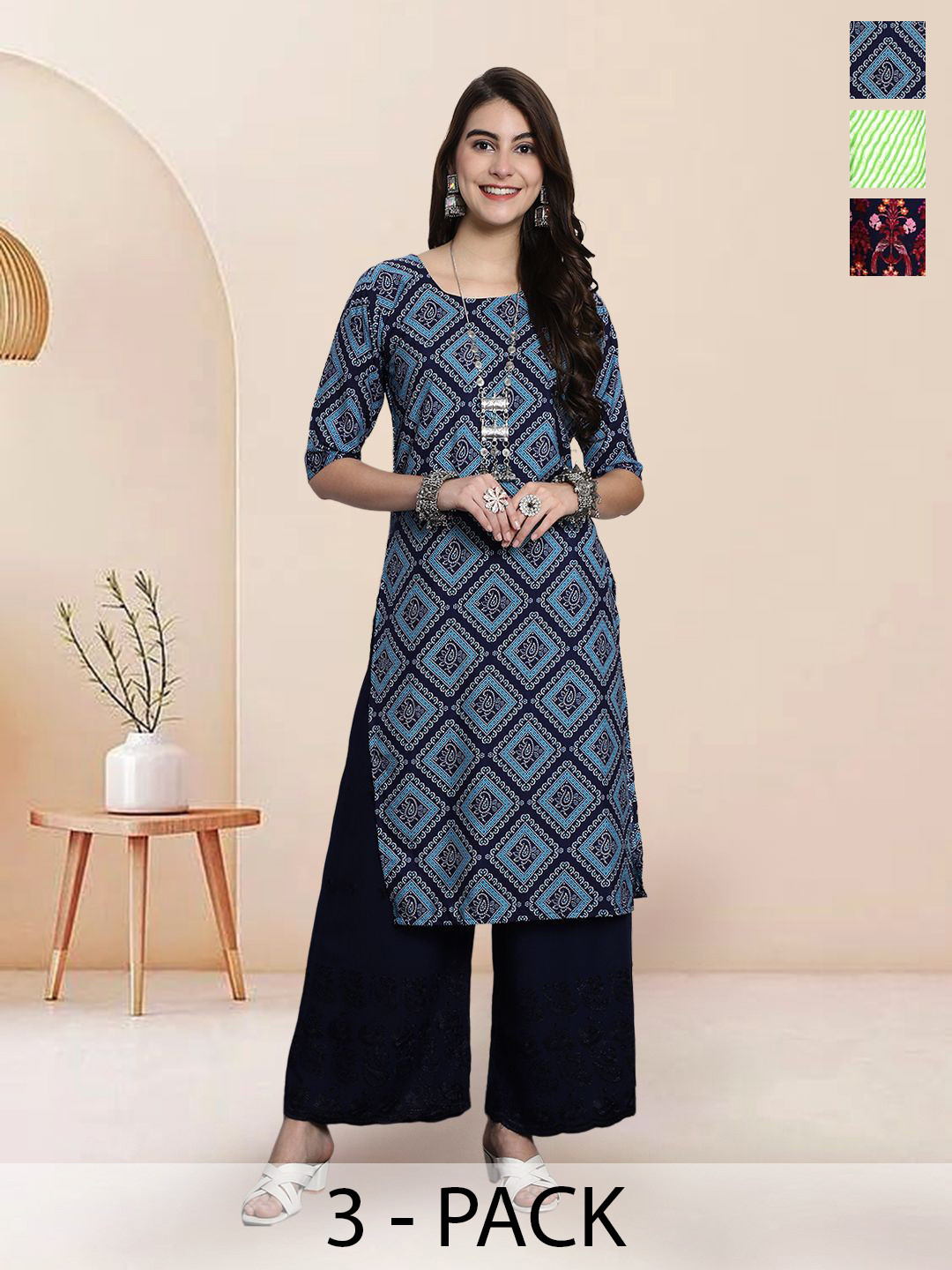 

7Threads Selection Of 3 Ethnic Motifs Printed Round Neck Straight Kurta, Blue