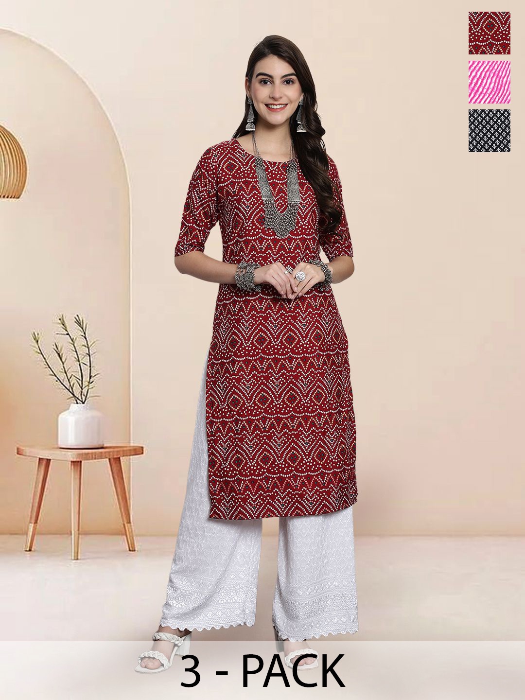 

7Threads Selection Of 3 Ethnic Motifs Printed Round Neck Straight Kurtas, Red
