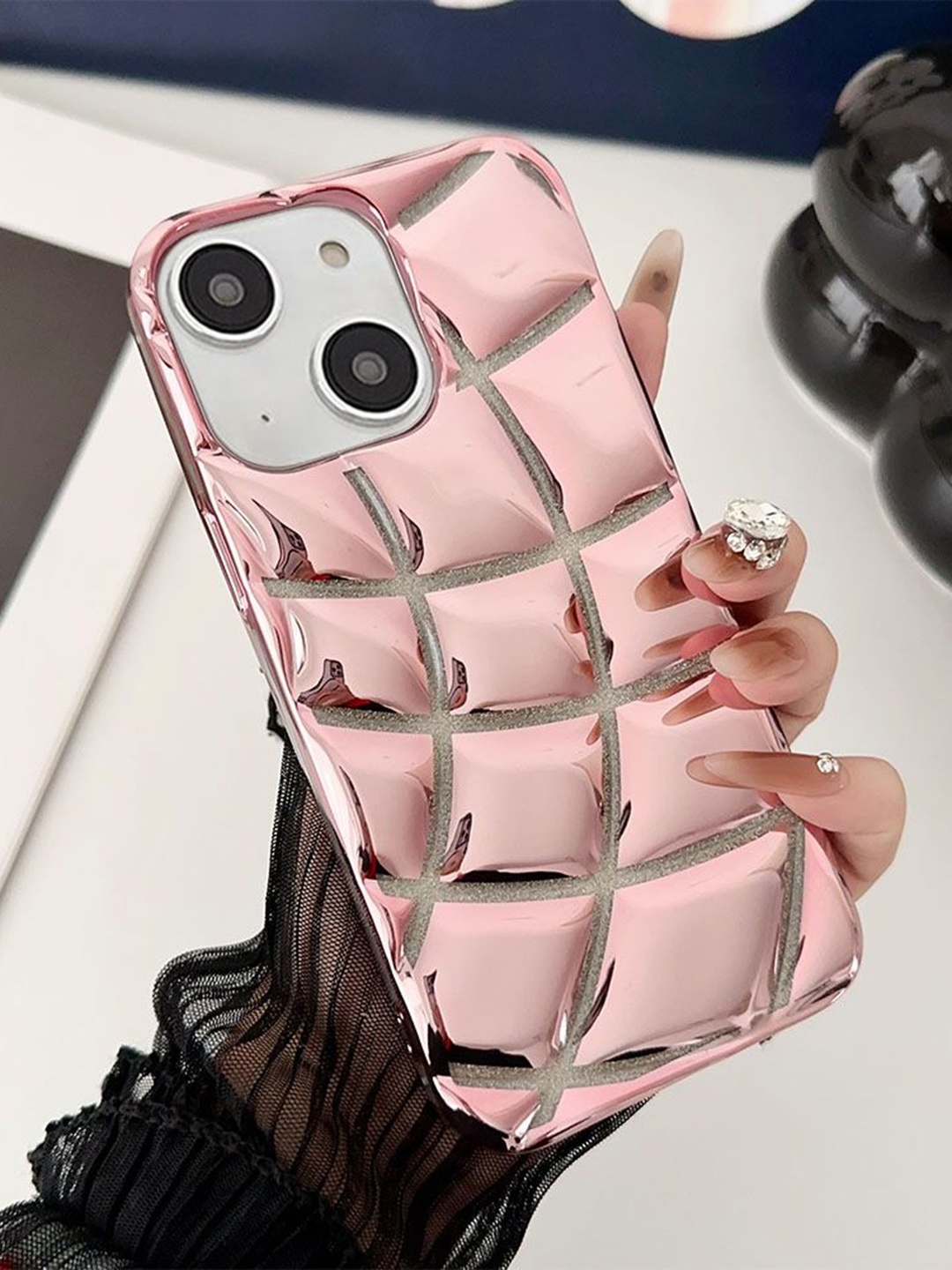 

Luxury Kase LK142 Electroplated curved plaid Protective iPhone 15 Back Case, Rose gold