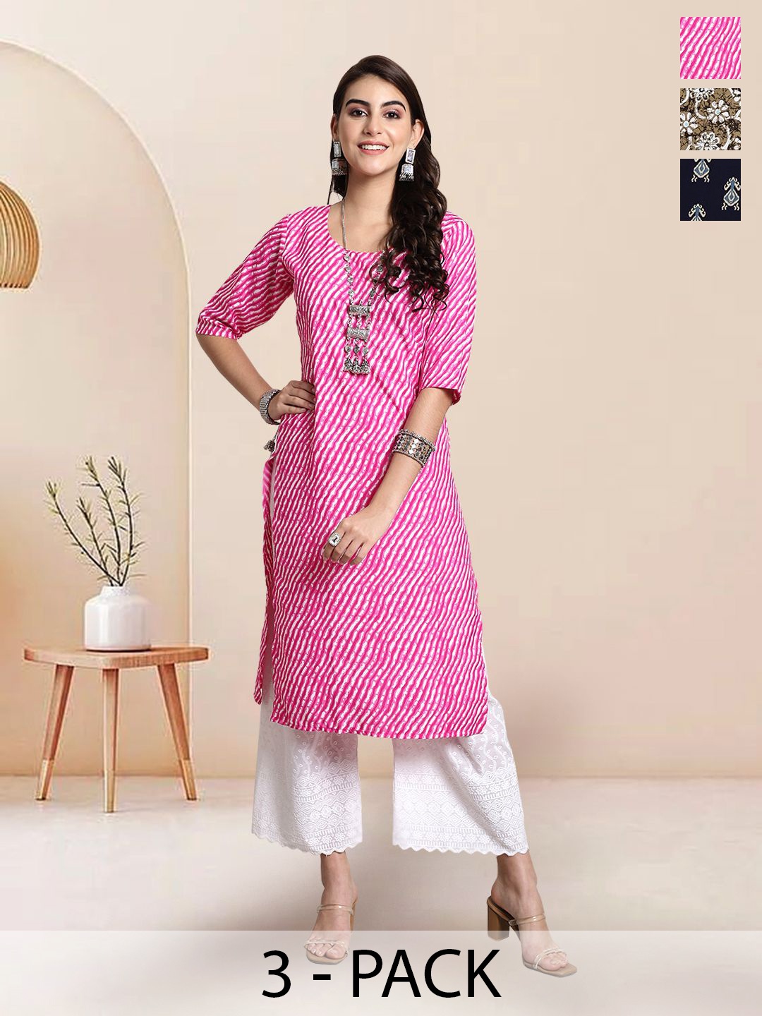 

7Threads Selection of 3 Leheriya Printed Round Neck Straight Kurtas, White