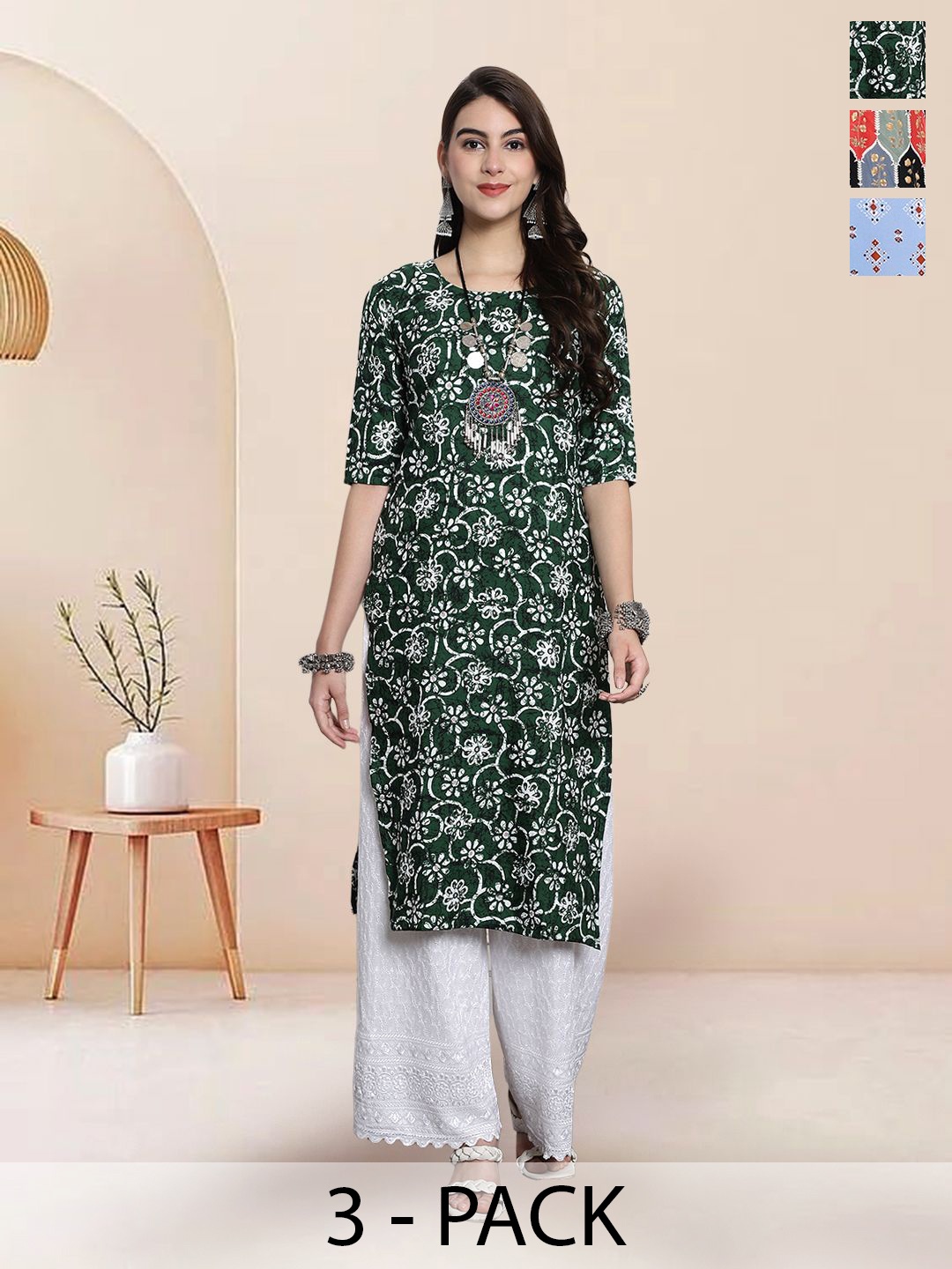 

7Threads Selection Of 3 Ethnic Motifs Printed Round Neck Straight Kurtas, Green