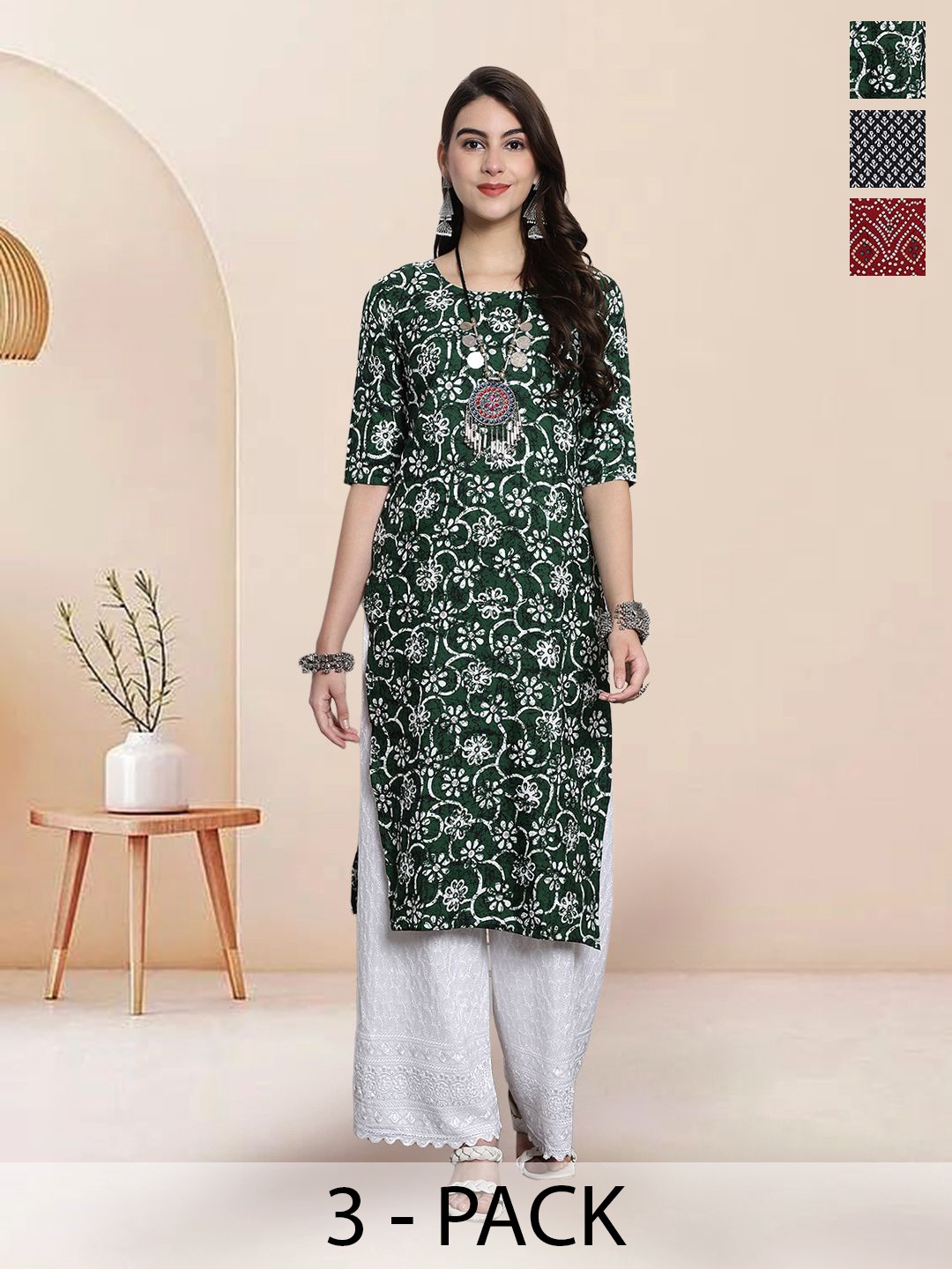 

7Threads Selection Of 3 Floral Printed Straight Kurtas, Green