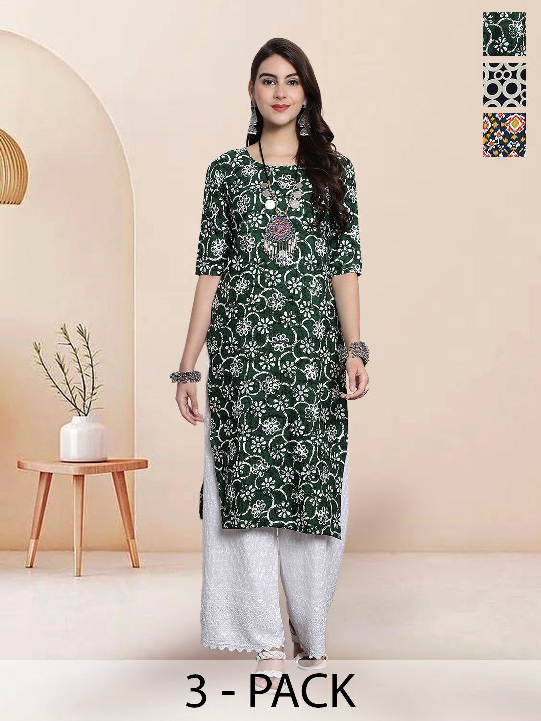 

7Threads Selection Of 3 Floral Printed Round Neck Straight Kurtas, Green