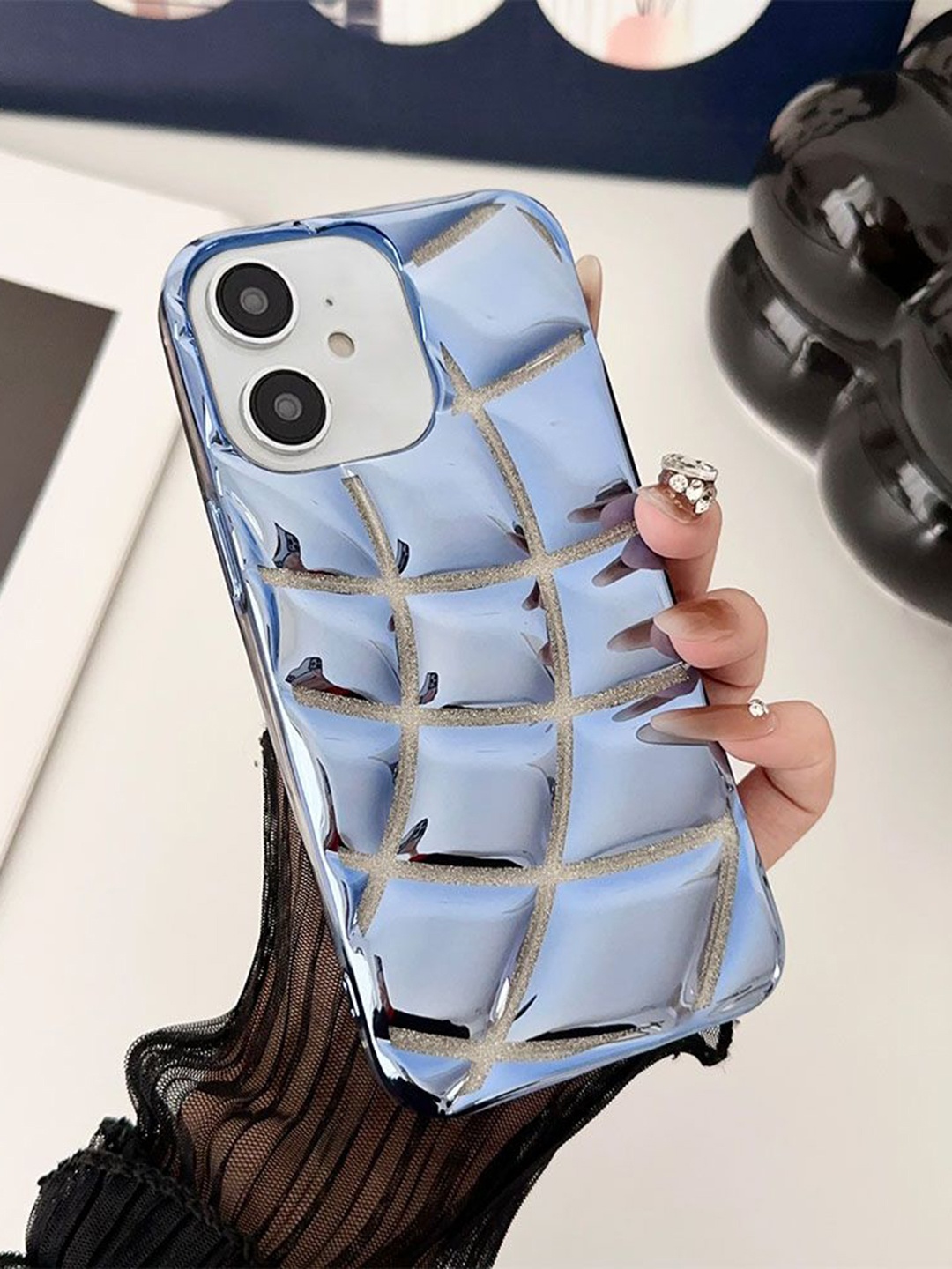 

Luxury Kase LK142 Electroplated curved plaid Protective iPhone 12 Back Case, Blue