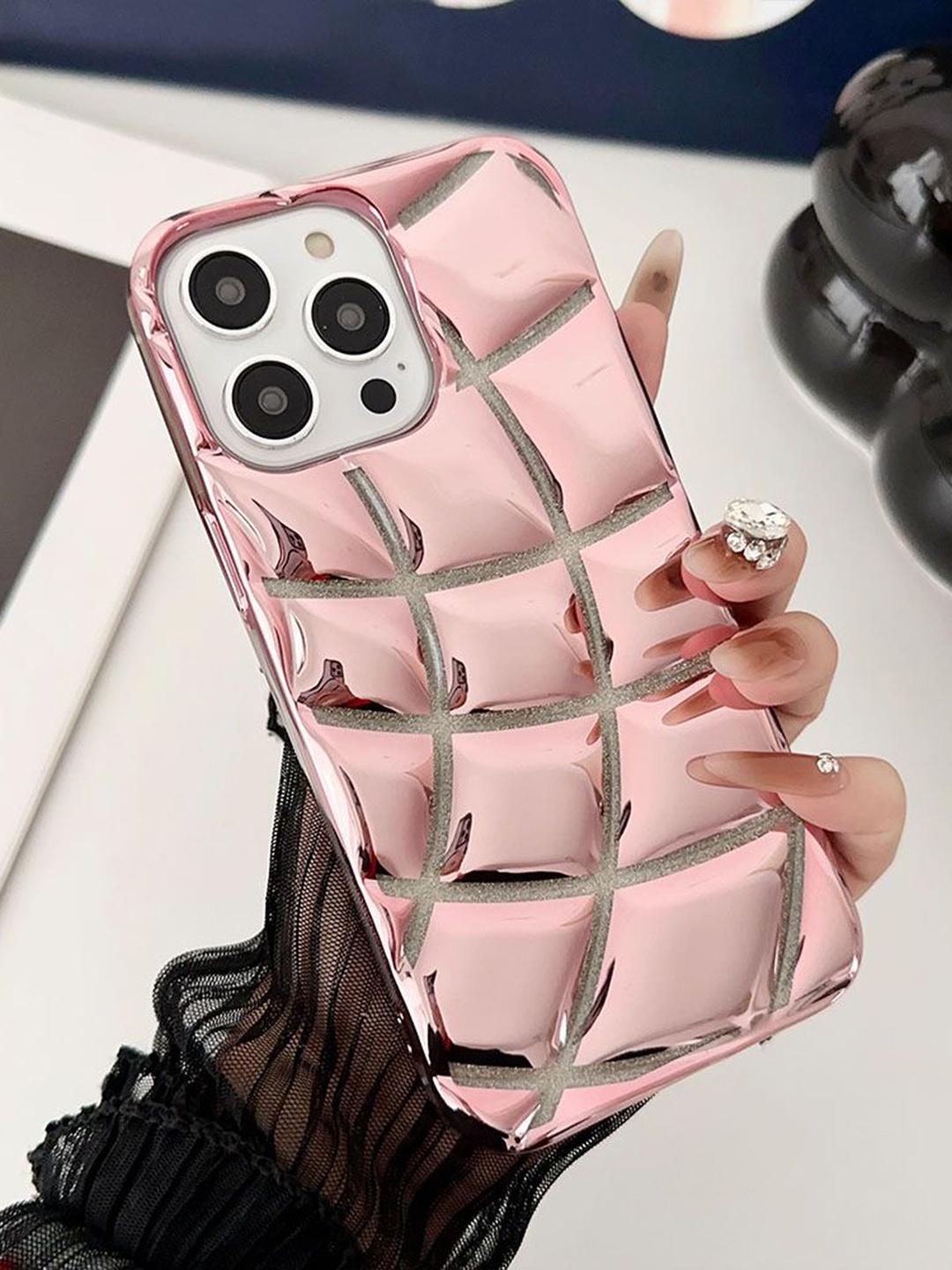 

Luxury Kase LK142 Electroplated curved plaid Protective iPhone 13 Pro Max Back Case, Rose gold