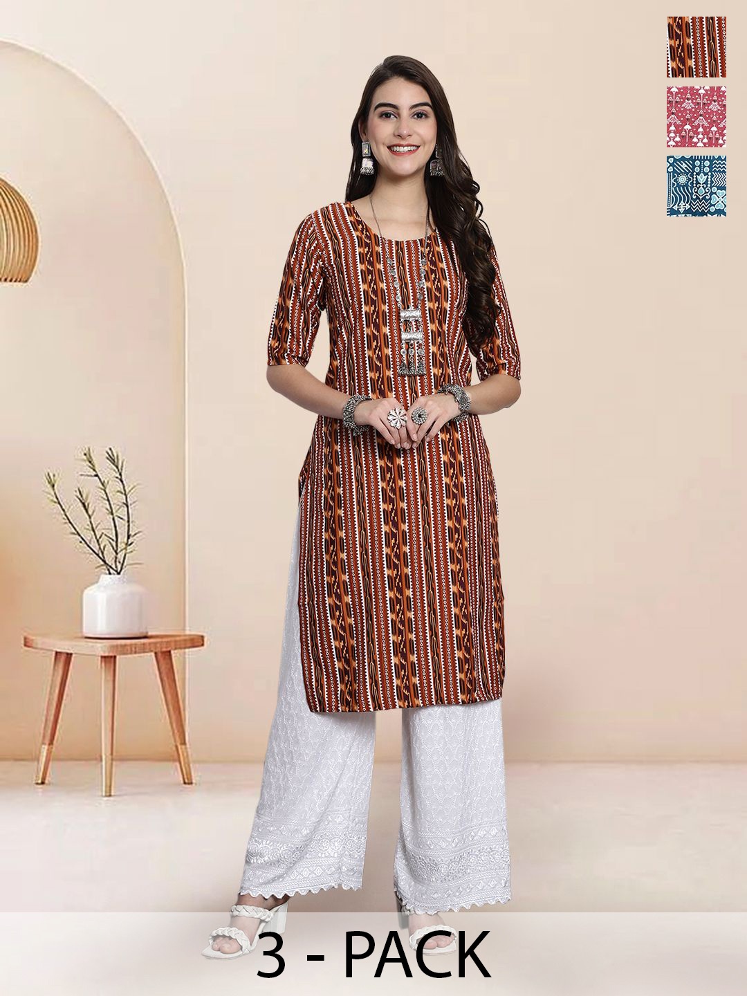 

7Threads Selection Of 3 Geometric Printed Round Neck Straight Kurtas, Black