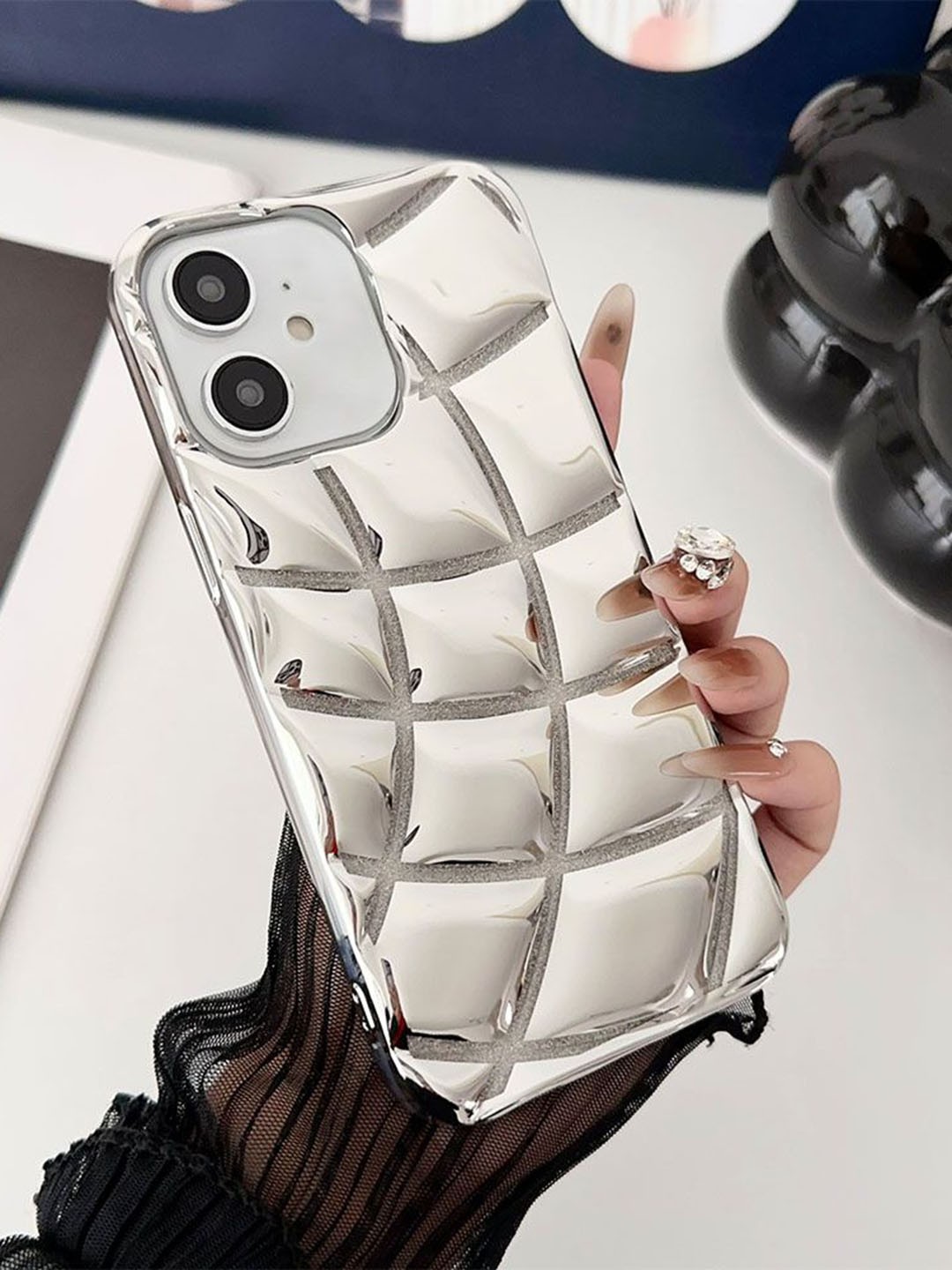 

Luxury Kase LK142 Electroplated curved plaid Protective iPhone 12 Back Case, Silver
