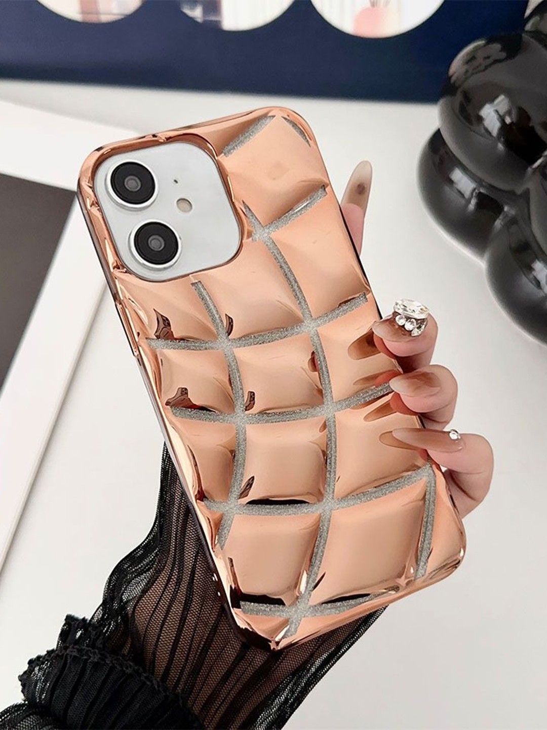 

Luxury Kase LK142 Electroplated curved plaid Protective iPhone 12 Back Case, Gold