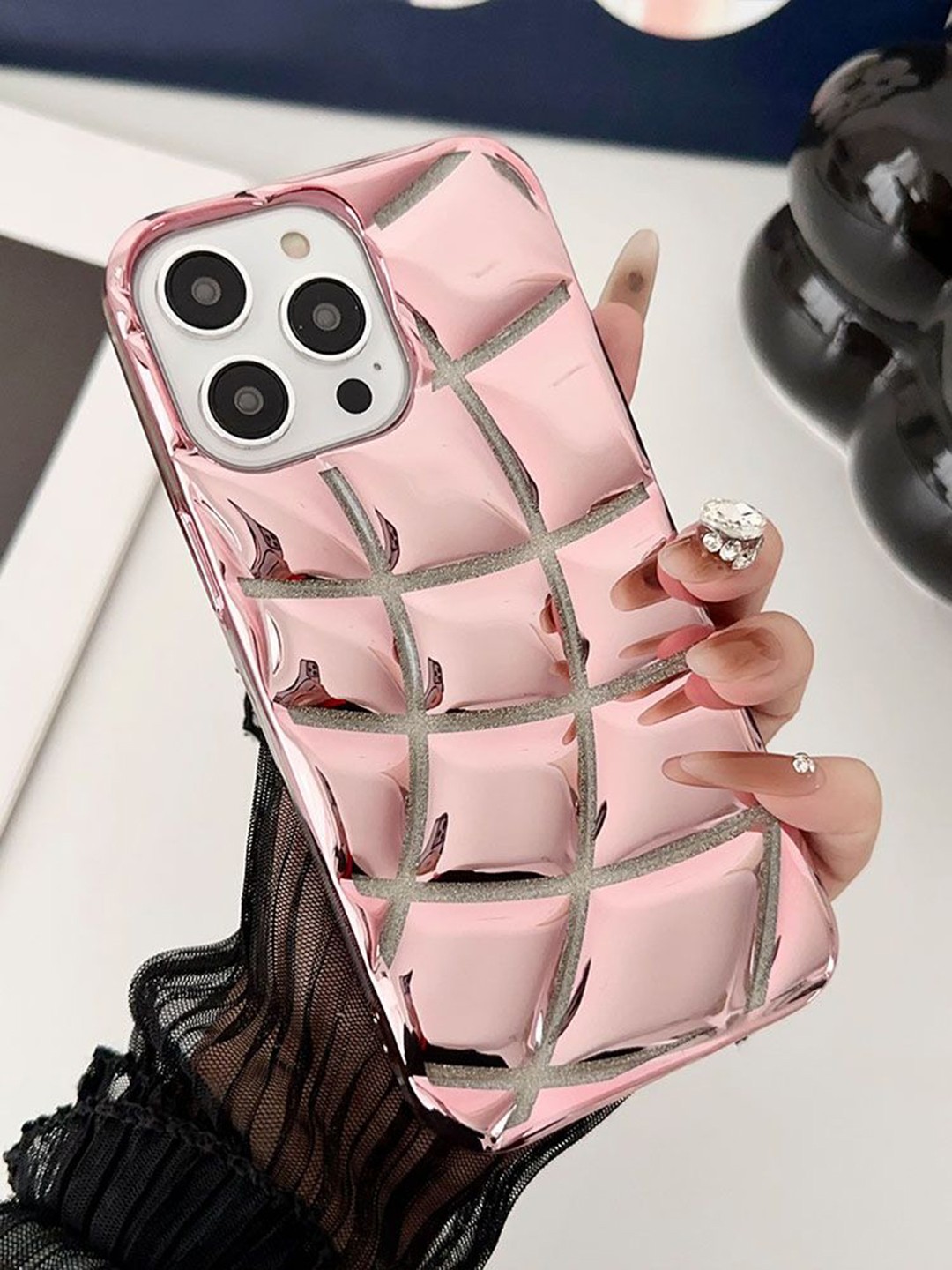 

Luxury Kase LK142 Electroplated curved plaid Protective iPhone 12 Pro Back Case, Rose gold